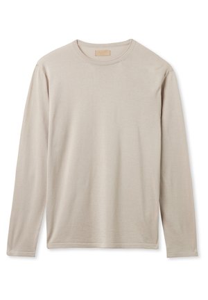 Beige langærmet skjorte lavet af blødt stof. Har en rund halsudskæring, lige pasform og minimale syninger.