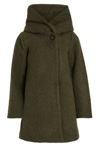 Manteau en laine vert avec une finition texturée, un large col et une fermeture à un seul bouton. Silhouette droite avec manches longues.