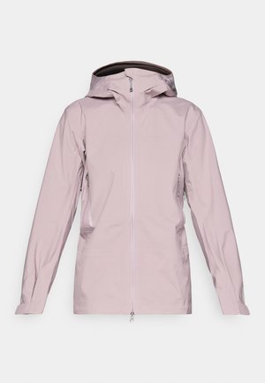 Ljuslila vattentät jacka med huva, fullständig frontdragkedja, sidofickor och justerbara manschetter; slät textur och minimalistisk design.