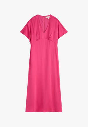 Abito rosa a maniche corte con scollo a V, vita arricciata e silhouette dritta, realizzato in un tessuto liscio e leggero.