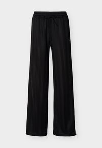 Μαύρο παντελόνι φαρδιάς γραμμής με ελαστική μέση και κορδόνι, με διακριτικές κάθετες ρίγες και μικρό λογότυπο στο πλευρό.