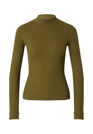 Pull en col roulé vert olive à manches longues avec texture côtelée et silhouette ajustée. Présente un col haut et des poignets étroits.