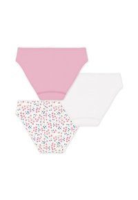 Τρία ζευγάρια εσωρούχων: ένα ροζ, ένα λευκό και ένα με λουλουδάτο μοτίβο με ροζ και μπλε λουλούδια σε λευκό φόντο. Βαμβακερό υλικό.