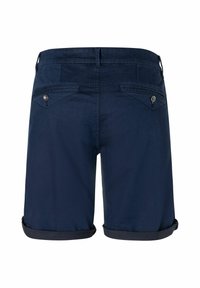 Navy blue cotton shorts with a tailored cut, two back pockets, and rolled cuffs. Smooth texture with subtle stitching accents.