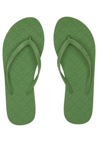 Green flip-flops with a textured pattern of hearts and dots. Made of soft rubber, featuring flat soles and flexible thong straps.