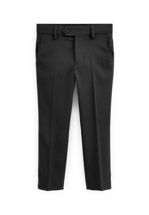 Pantalon formel noir avec passants pour ceinture, fermeture à bouton et zip, poches avant et coupe droite, présenté sur fond blanc.
