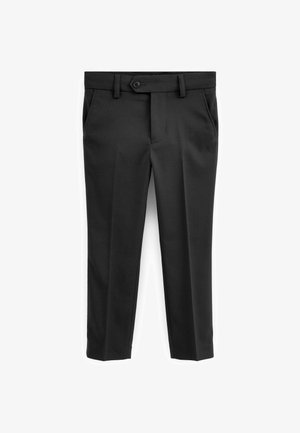 Pantalon formel noir avec passants pour ceinture, fermeture à bouton et zip, poches avant et coupe droite, présenté sur fond blanc.
