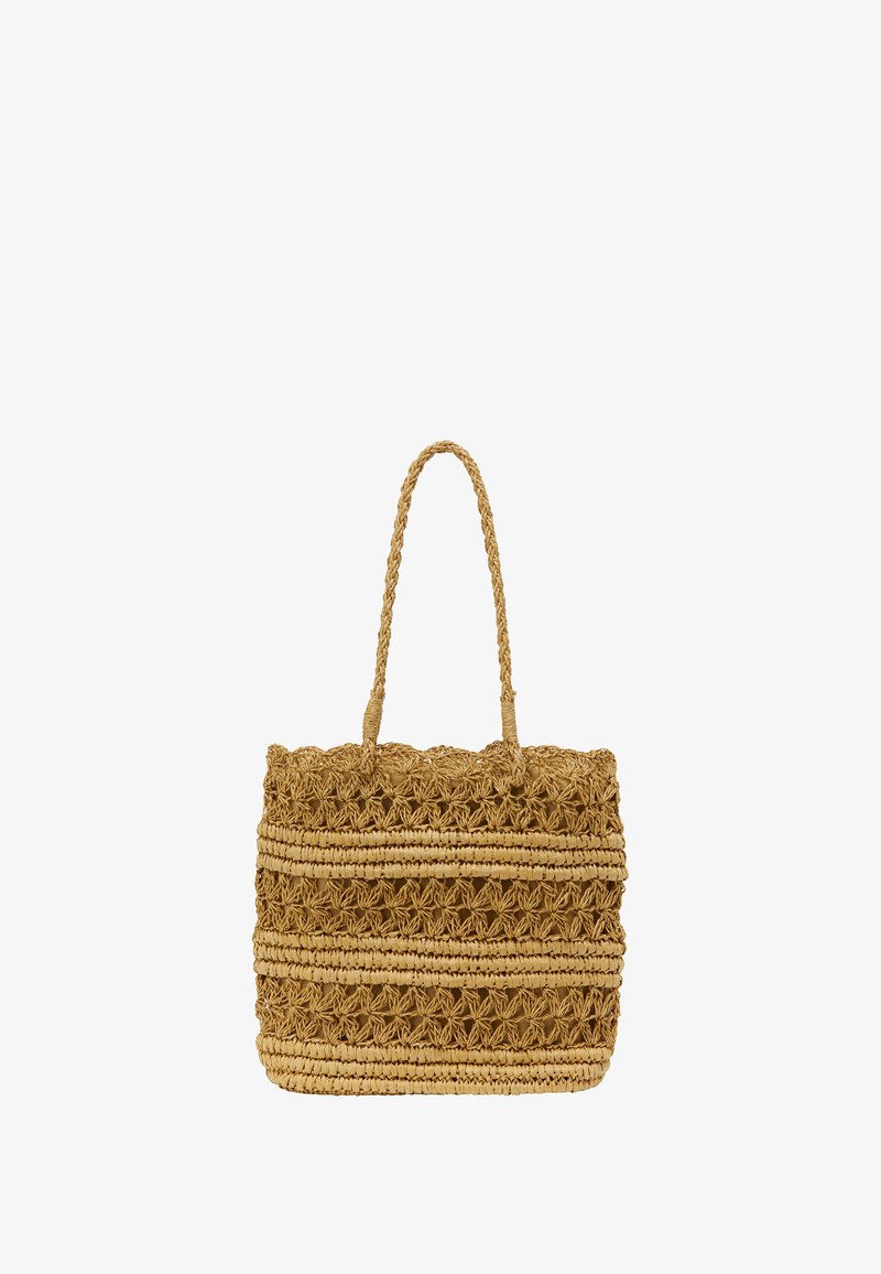 Bolso de tote de paja trenzada con asas trenzadas, que presenta un patrón texturizado de secciones alternas lisas y acanaladas en un color beige natural.