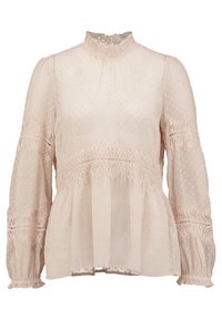 Hellrosa Bluse mit hohem, gerafftem Halsausschnitt, langen Ärmeln und Spitzenakzenten. Verfügt über einen strukturierten Pünktchenstoff und eine geraffte Taille.