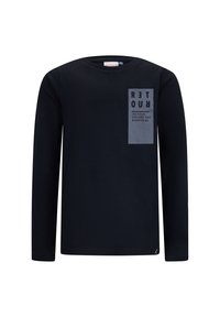 Schwarzes Langarm-T-Shirt aus weichem Material, mit einem rechteckigen grauen Grafikdruck auf der linken Seite, der Text- und Logoakzente zeigt.