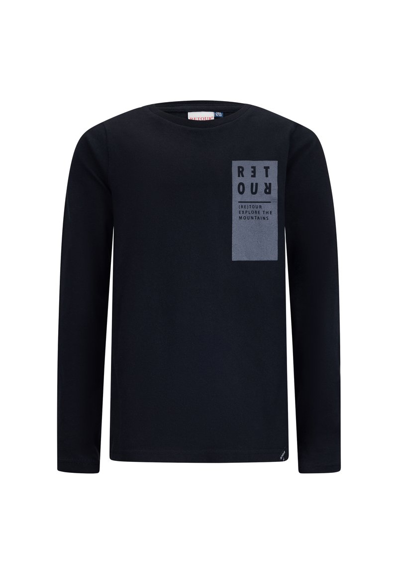 Schwarzes Langarm-T-Shirt aus weichem Material, mit einem rechteckigen grauen Grafikdruck auf der linken Seite, der Text- und Logoakzente zeigt.