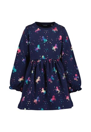 Marineblaues Langarmkleid mit bunten Einhorn- und Sternmustern, geraffter Taille und elastischen Bündchen für Kinder.