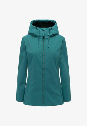 Tealfarbenes Hoodie-Jacke für Damen mit Frontreißverschluss, verstellbaren Kordeln an der Kapuze und Seitentaschen, dargestellt vor weißem Hintergrund.
