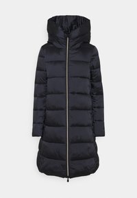 Langer, voluminöser schwarzer Parka mit hohem Kragen und Reißverschluss vorne. Glatte Textur mit horizontalen Nähten und leicht taillierter Passform.