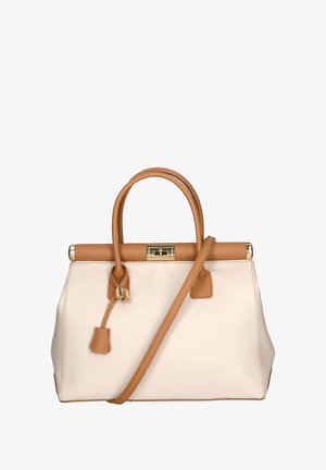 Borsa strutturata in pelle crema con dettagli in cuoio. Dotata di doppio manico, una tracolla removibile e una chiusura dorata. Texture liscia e design pulito.