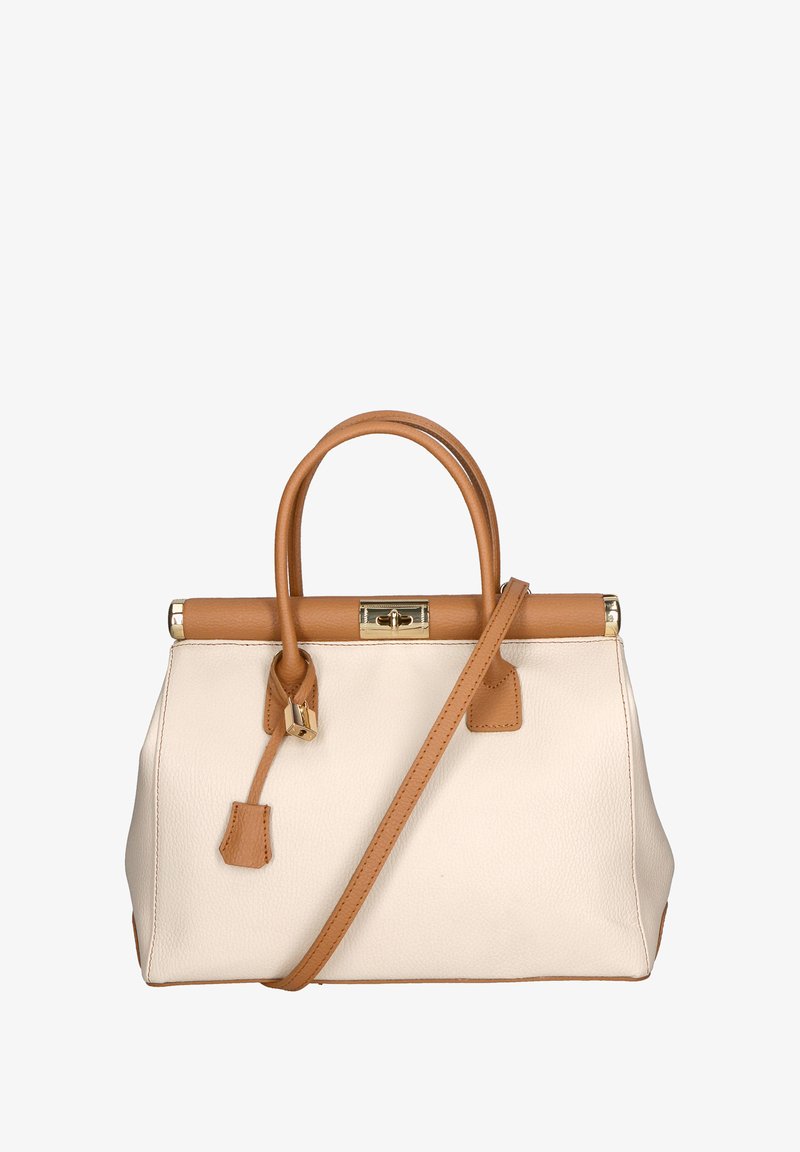 Borsa strutturata in pelle crema con dettagli in cuoio. Dotata di doppio manico, una tracolla removibile e una chiusura dorata. Texture liscia e design pulito.