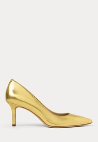 Gold metallic high-heeled pump with a pointed toe design, smooth texture, and a 3-inch stiletto heel.