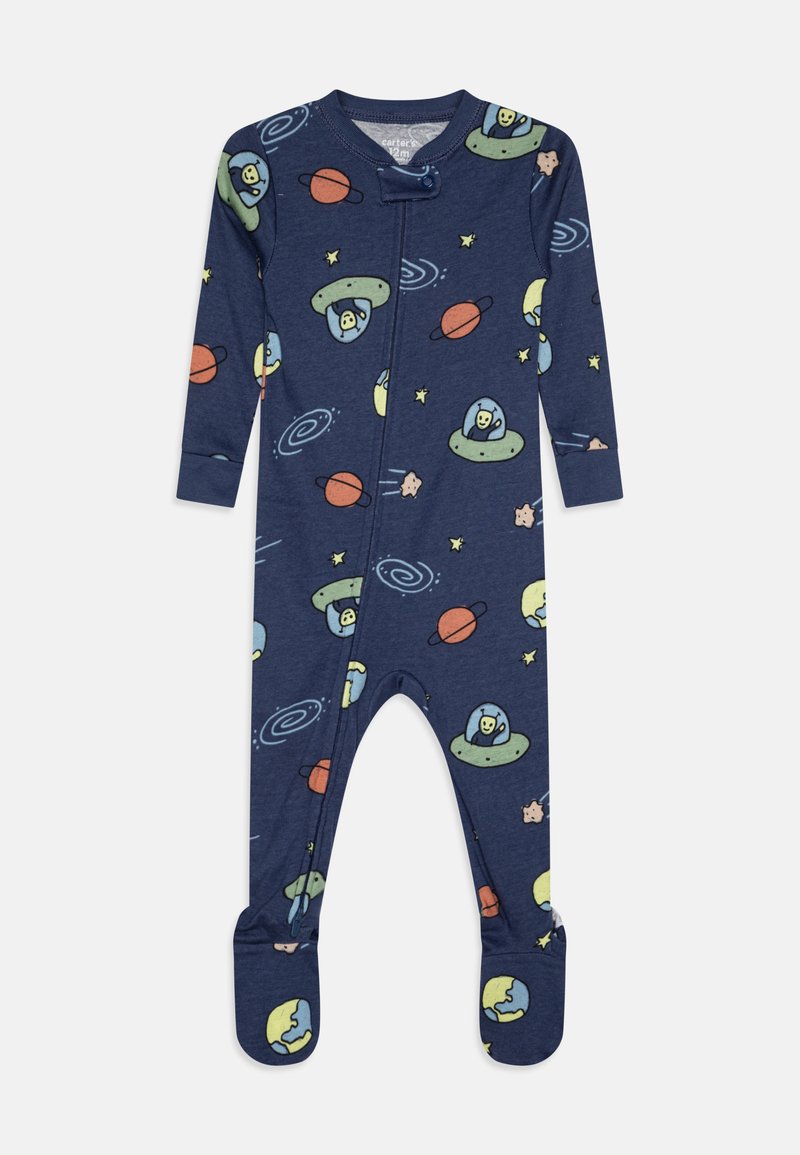 Blue cotton onesie with long sleeves, featuring an outer space print with planets, stars, and aliens in green flying saucers. Snap closure.