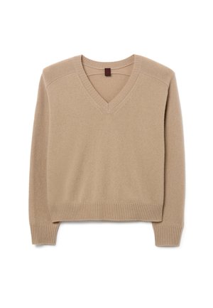 Beige V-hals trui van zacht materiaal, met geribde manchetten en zoom, iets cropped ontwerp met een soepele textuur en minimale details.
