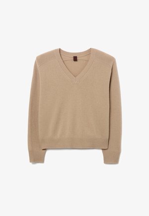 Beige V-neck sweater made of soft fabric, featuring ribbed cuffs and hem, slightly cropped design with a smooth texture and minimal detailing.