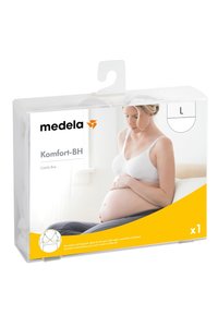 Weißer Schwangerschafts-BH in transparenter Verpackung, mit gelbem Akzent am Boden. Enthält ein Größenetikett 'L' und den Produktnamen 'Komfort-BH'.