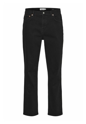 Zwarte spijkerbroek van denim met een rechte pasvorm, vijf zakken, koperen hardware en een label aan de tailleband. Soepele textuur en klassiek ontwerp.