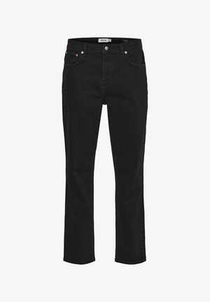 Čierne denimy s rovnými nohavicami, piatimi vreckami, medenými doplnkami a štítkom na páse. Hladká textúra a klasický dizajn.