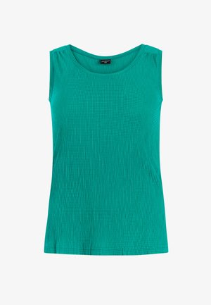 Mouwloze turquoise getextureerde dames top met een ronde halslijn en lichte plooien bij de schoudernaden.