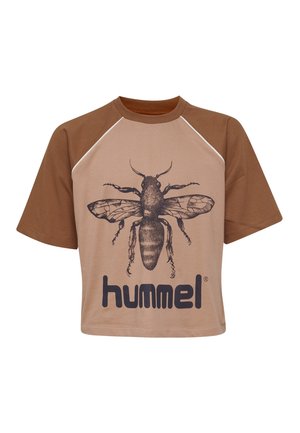 Brun og beige skjorte med korte ærmer med stor sort bi-illustration og "hummel" tekstlogo foran.