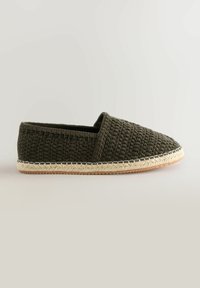 Mørkegrønne vævede slip-on sko med en tekstureret overdel, rund tå og beige flettet jute mellemsål. Glat gummisål for ekstra greb.