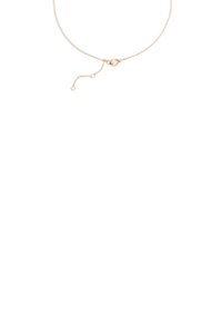 Collana in tono dorato con una catena delicata, dotata di un piccolo gancetto rotondo e di lunghezza regolabile con anelli aggiuntivi per la misura.