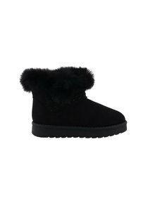 Zwarte enkellaars met faux fur boord, gemaakt van zacht suede, met een ronde neus en een gestructureerde rubberen zool. Bevat decoratieve accenten aan de zijkant.