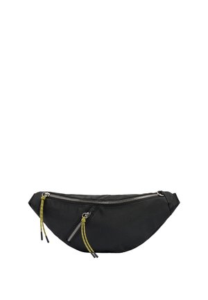 Czarna materiałowa nerka z dwiema zamykanymi na suwak komorami, każdy suwak posiada żółto-czarny sznurek.