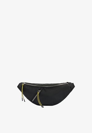 Czarna materiałowa nerka z dwiema zamykanymi na suwak komorami, każdy suwak posiada żółto-czarny sznurek.