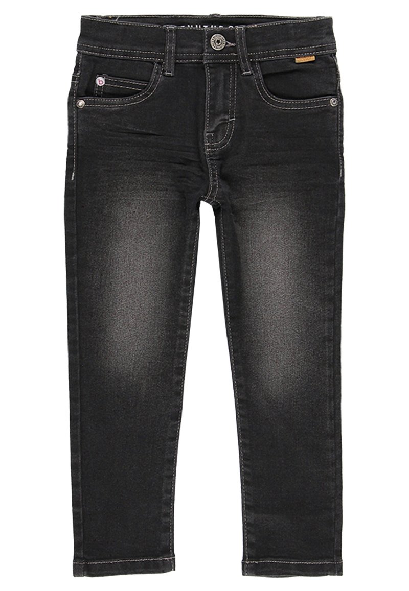 Tejanos de mezclilla negra con un corte ajustado, que presentan costuras en contraste, cinco bolsillos y un cierre de cremallera con botón. Tiro limpio.