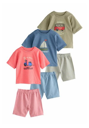 Three children's short-sleeve shirts in coral, blue, and olive with matching striped shorts, each shirt featuring a different vehicle graphic.