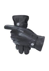 Schwarze Lederhandschuhe mit einer taillierten Passform, strukturierter Oberfläche, genähten Details und Druckknopfverschluss am Handgelenk.