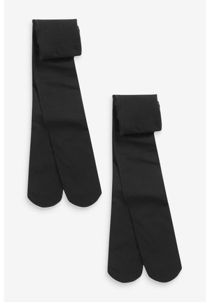 Schwarze blickdichte Strumpfhosen mit glatter Textur und gefaltetem Bund, ausgestattet mit einem nahtlosen Design und abgerundeter Zehenpartie für zusätzlichen Komfort.