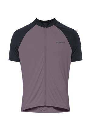 Radsport-Trikot mit kurzen Ärmeln und Frontreißverschluss, zweifarbig in Schwarz und Mauve, mit "Vaude"-Logo auf der Brust.
