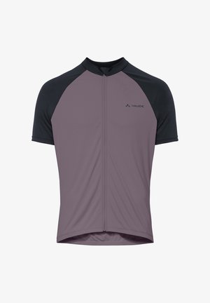Radsport-Trikot mit kurzen Ärmeln und Frontreißverschluss, zweifarbig in Schwarz und Mauve, mit "Vaude"-Logo auf der Brust.