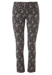 Czarne spodnie w kwiatowy wzór w odcieniach szarości, o dopasowanym kroju, z dwoma metalowymi guzikami w pasie i gładką fakturą.