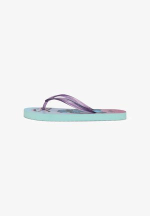 Infradito per bambini con suola azzurro chiaro e rosa, cinturini viola glitterati e design con personaggio dei cartoni animati sulla soletta.