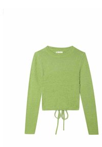 Pull cropped vert en maille texturée. Dispose de manches longues et d'un ourlet avec cordon de serrage pour un ajustement ajustable. Col rond simple.