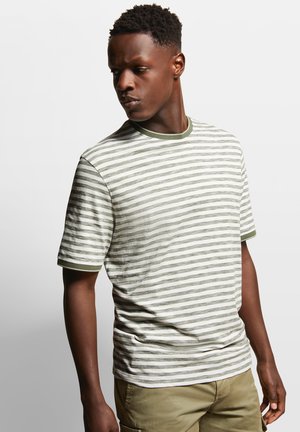Striped short-sleeve t-shirt in light gray and olive green, featuring a crew neckline and textured fabric. Accented with contrasting green trim.