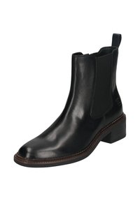 Schwarze Leder-Stiefelette mit elastischem seitlichem Einsatz, kleinem Zugschlaufen hinten und niedrigem gestapeltem Absatz mit braunem Stich.