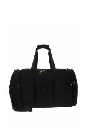 Sac de sport noir en tissu résistant, doté de plusieurs poches zippées, de poignées renforcées et d'une bandoulière amovible.