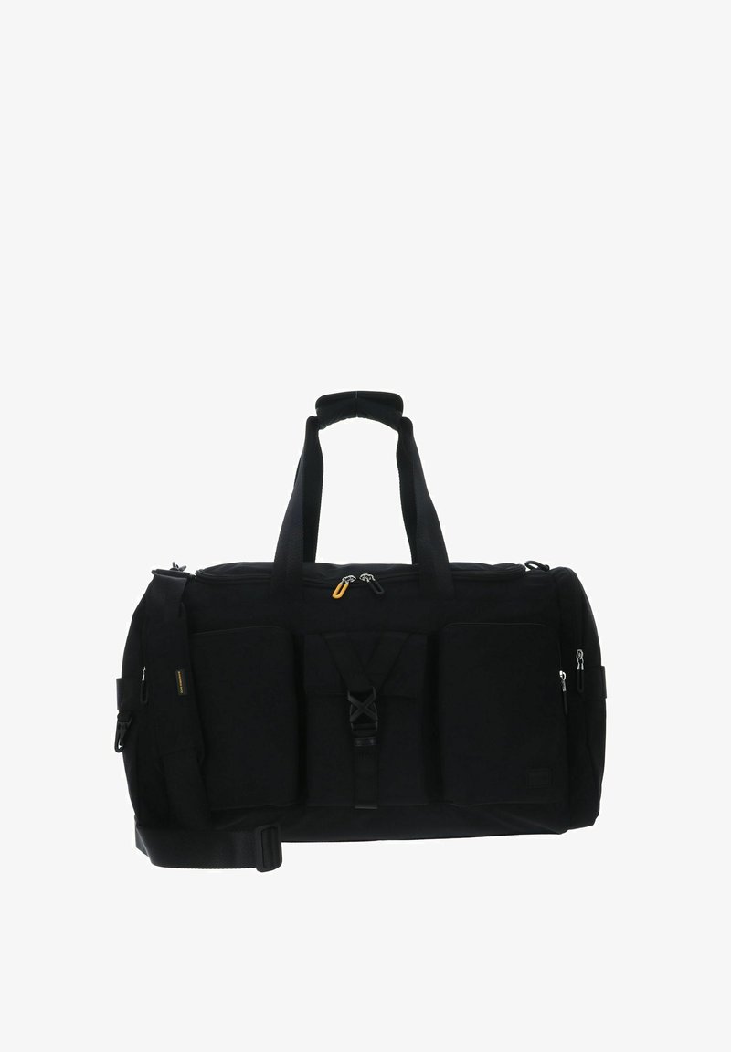 Sac de sport noir en tissu résistant, doté de plusieurs poches zippées, de poignées renforcées et d'une bandoulière amovible.