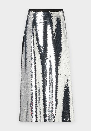 Silberpailletten maxi nederdel med lige snit, der har en sort talje og et vekslende vertikalt stribemønster af glitrende pailletter.