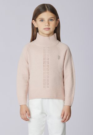 Maglione rosa lavorato a maglia con collo alto a coste, motivo verticale intricato e polsini a coste. Presenta un piccolo logo sul petto.