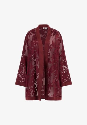 Kimon z przejrzystego materiału w kolorze czerwonym Marlberry, z kwiatowym wzorem koronkowym, długimi rękawami i jednolitym wykończeniem. Luźny fason z otwartym przodem.